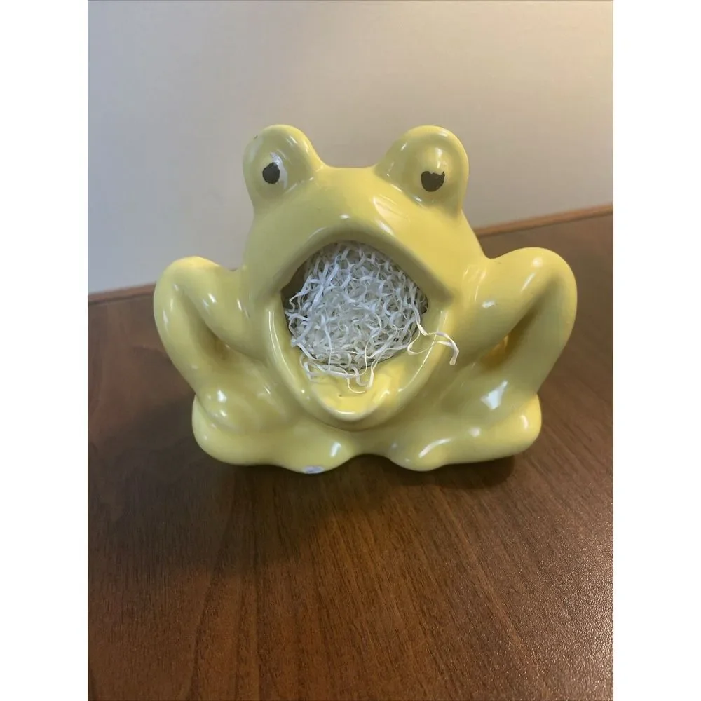 Vintage Yellow Ceramic SCRUBBER FROG Open Small Mouth SPONGE SOAP‎ Holder